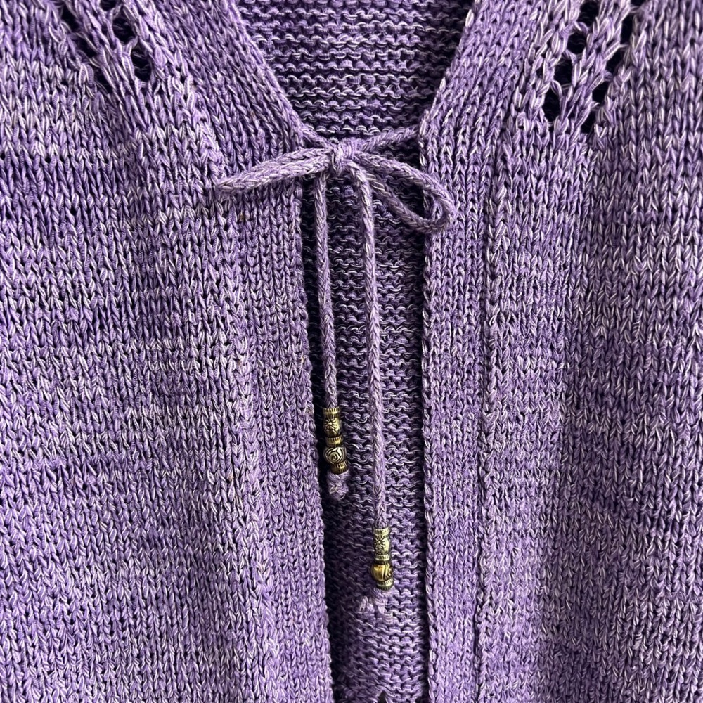 Canda Collection Purple Tie Front Pointelle Knit Cardigan Sweater Beaded Tassels - Picture 3 of 9